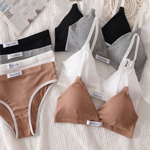Women Cotton Seamless Bra Set Low Waist Panties Nonwire Bral