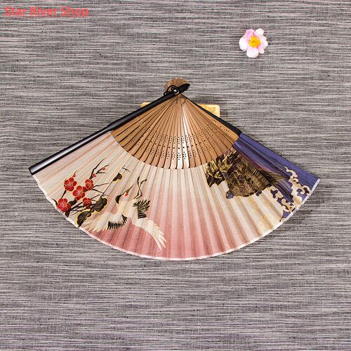 1Pcs Vintage Silk Folding Fan Chinese Japanese Tassel Bamboo