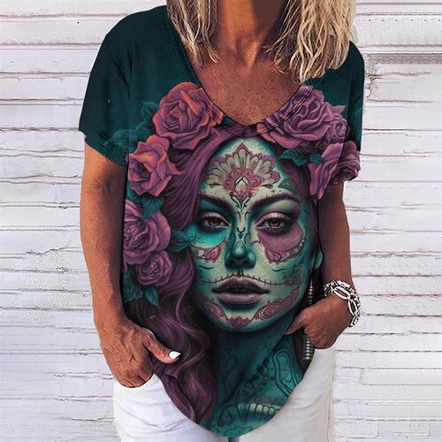 Summer 2023 New 3D Horror Skull Print Womens V-neck Top
