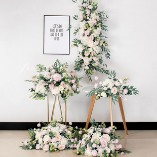 粉色婚庆花艺 婚礼t台舞台迎宾区装饰地排花点花路引花球角花花排