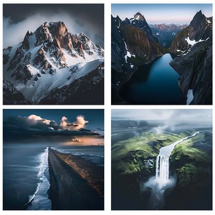 高山大海瀑布风景画客厅挂画别墅走廊过道墙画楼梯转角壁画背胶画