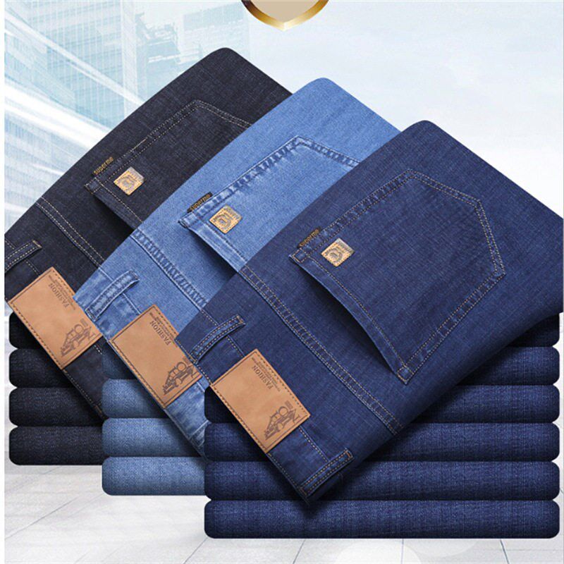 Jeans Mens Thin tton Elastic Ice Silk Quality Mid-high Wais