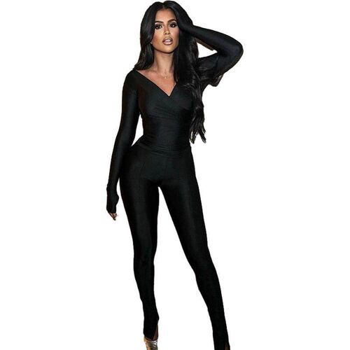 Womens off shoulder big V-neck high waisted tight pants