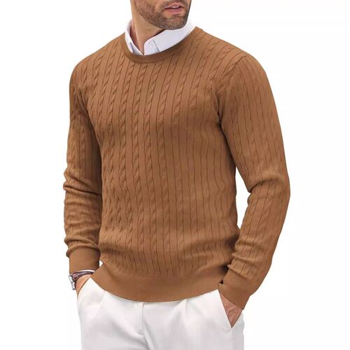 Mens Round Neck Knitted Sweater Slim Long Sleeve Twist Soli