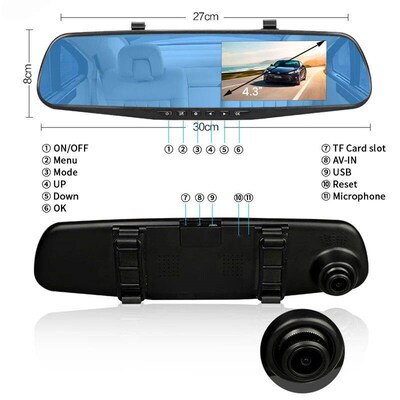 E-ACE Dash Cam 4.3 Inches Car DVR Rearview Mirror Driving Re