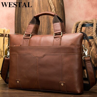 WESTAL mens leather bag for men briefcases bag men genuine