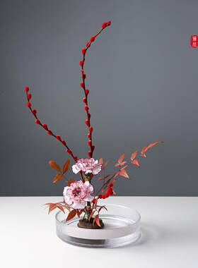 QUD玻璃圆花器中山式禅意插花器皿浅盘剑插花花器皿花盆平底盘玻