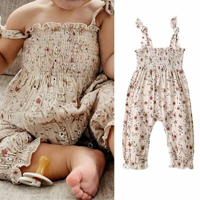 0-24M Baby Girls Floral Jumpsuits Tie-up Suspender Pants Ove