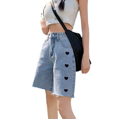 Summer New High Waist Five Points Heart Pattern Denim Shorts
