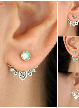 Bohemian Openwork Metal Lotus Opal Stud Earrings Vintage Jew