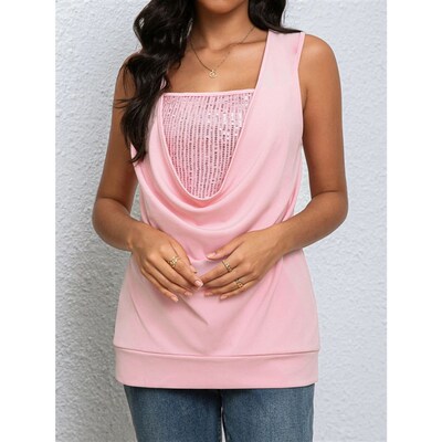 plus size Sequin vest-sleeveless, round neck, polyester blen