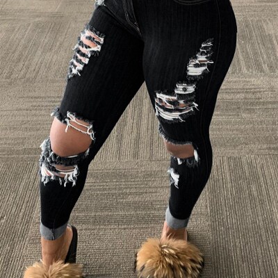 Womens Korean Slim Fit Jeans Fashion Solid Color Ripped Ho