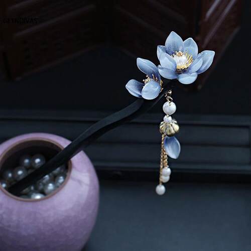 Handmade Orchid Flower Hairpins Hair Sticks with Tassel Vint