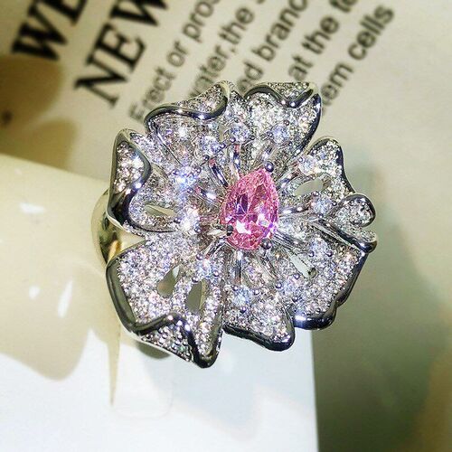 Pink Diamond Flower Ring Womens Openended ins Simple Style F