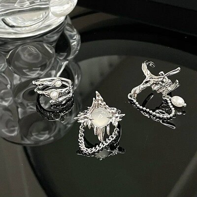 Gothic Irregular Tassel Moonstone Rings Lava Chain Star Opal