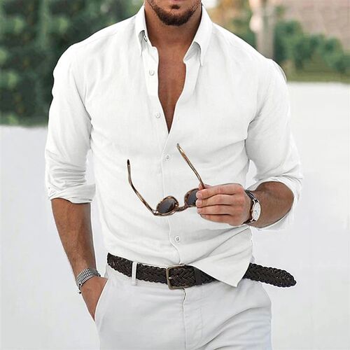 Mens Solid Color Cotton Linen Autumn Long Sleeve Shirt Youth
