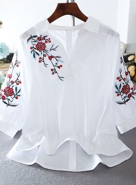 New White Women Blouse Three Quarter Sleeve Cotton Embroider