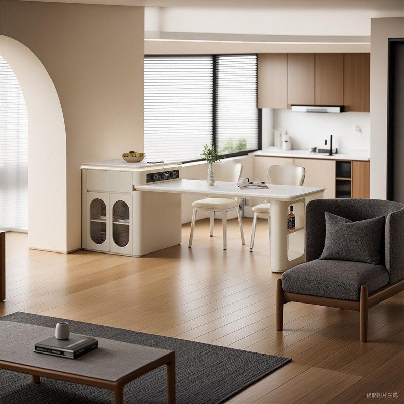 奶油风多功能岩板岛台一体可伸缩式倒台餐桌椅中小户型吃饭桌,住宅家具,岛台餐桌,淘宝优惠券,粉丝福利购,淘宝优惠卷