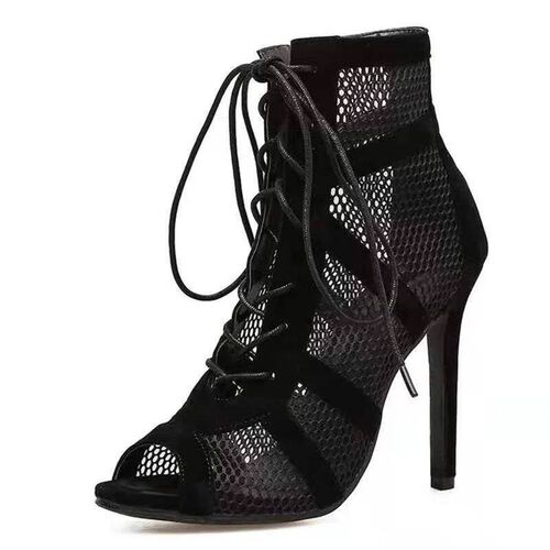 New Fashion Show Black Net Fabric Cross Strap Sexy High Heel