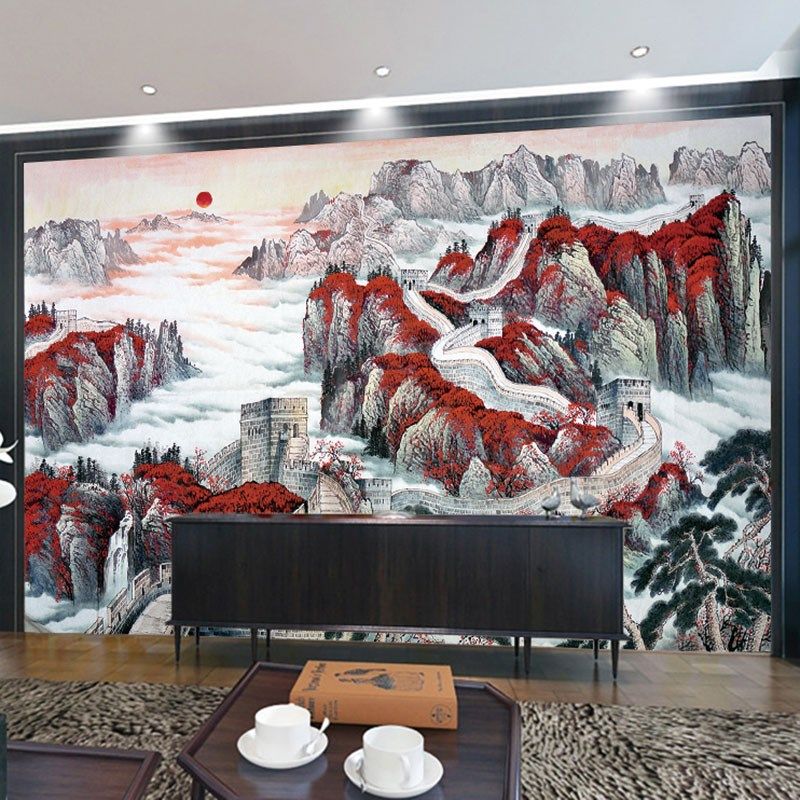 中式山水自粘墙贴画万里长城办公室装饰壁画客厅书房背景墙纸壁纸