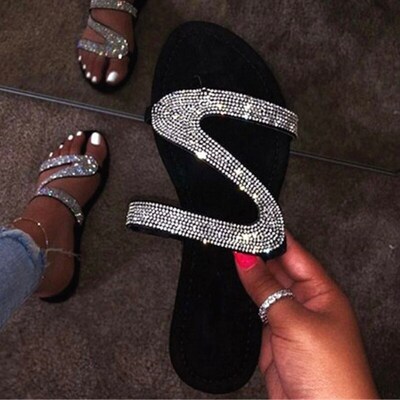 Sexy Women Sandals Summer Beach Shallow Mouth Rhinestones La