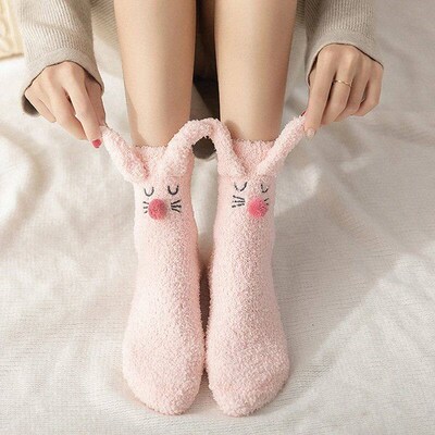 Women Winter Fuzzy Slipper Socks Cartoon 3D Rabbit Ears Warm