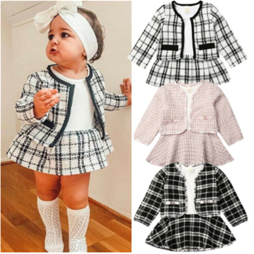 2PCS Autumn Winter Spring Party Baby Girls Clothes Plaid Coa