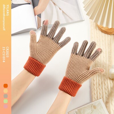 Knitted gloves with exposed fingers, riding womens velvet