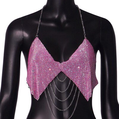 Womens Sexy Halter Backless Metal Chain Rhinestones Crop Top