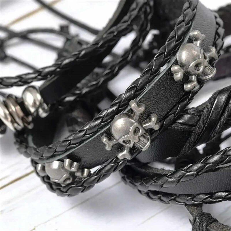 6pcs/Set Black Punk Skull & Star Shaped Alloy & Pu Leather B