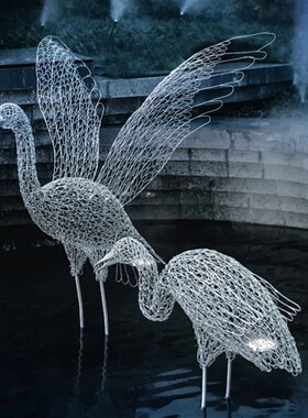 不锈钢镂空仙鹤雕塑园林景观售楼处仿真铁艺动物装饰广场草坪摆件