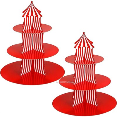 1Set 3 Tier Circus Carnival Paper Cupcake Stand Red Striped