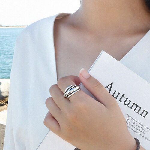 Silver Color Vintage Layered Womens Open Rings Adjustable L
