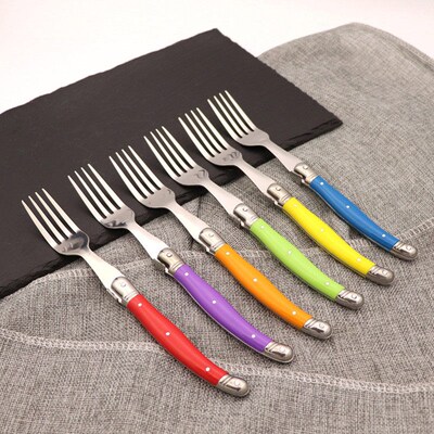 6pcs Laguiole Rainbow Steak Forks Dinner Knives set Colorful