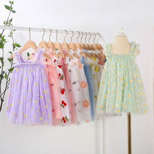 Girls Summer Dress Cute Strap Tulle Baby Girl Dress Embroide