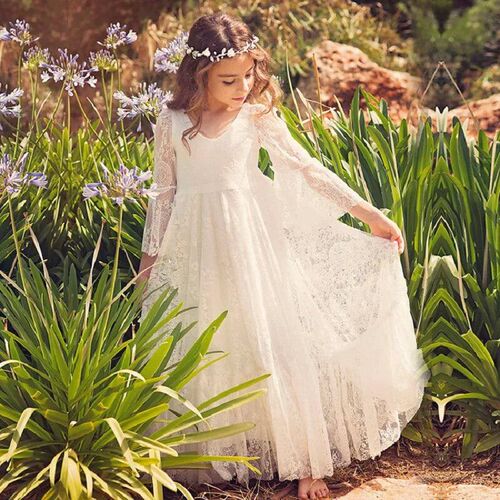Princess Girls Lace Chiffon Long Dresses Kids Flower Girl We