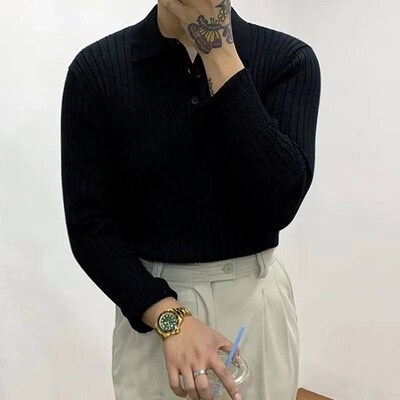 Autumn Long Sleeve Knit  Shirt Men Fashion Ribbed Solid Colo