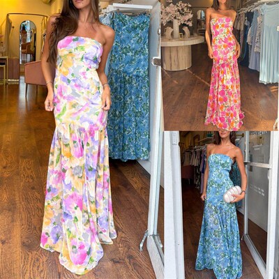 Strapless mesh printed waist cinched sleeveless pleated