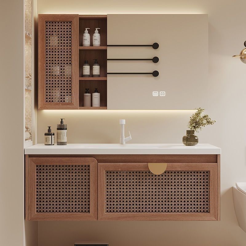 法式中古风藤编浴室柜红橡木卫生间陶瓷一体盆洗手洗脸洗漱台