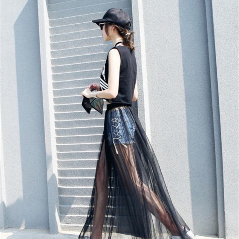 2023 Summer Long Lace Skirt Women Black White Mesh Voile Cas图片