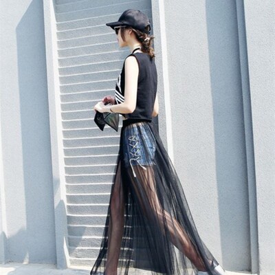 2023 Summer Long Lace Skirt Women Black White Mesh Voile Cas