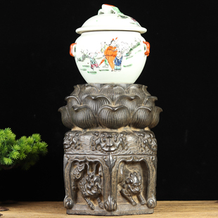 中式复古青石雕刻摆件 莲花兽头石鼓墩 花盆底座石柱老石头旧石墩