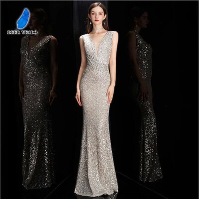 DEERVEADO Elegant V Neck Sequin Evening Dress Long 2025 New