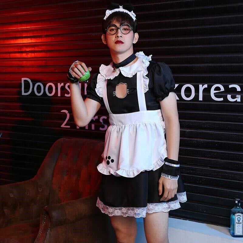 Cute Man Wears Cat Maid Costume Sissy Luolita Dress Prom Sex