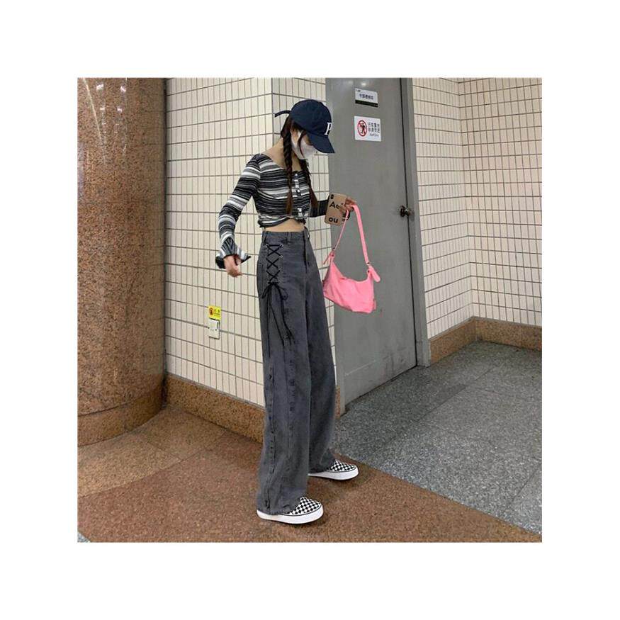 烟灰色绑带设计感牛仔裤