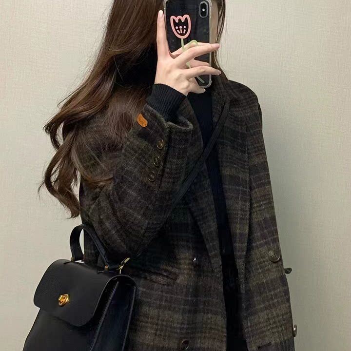 复古格纹毛呢外套女加棉