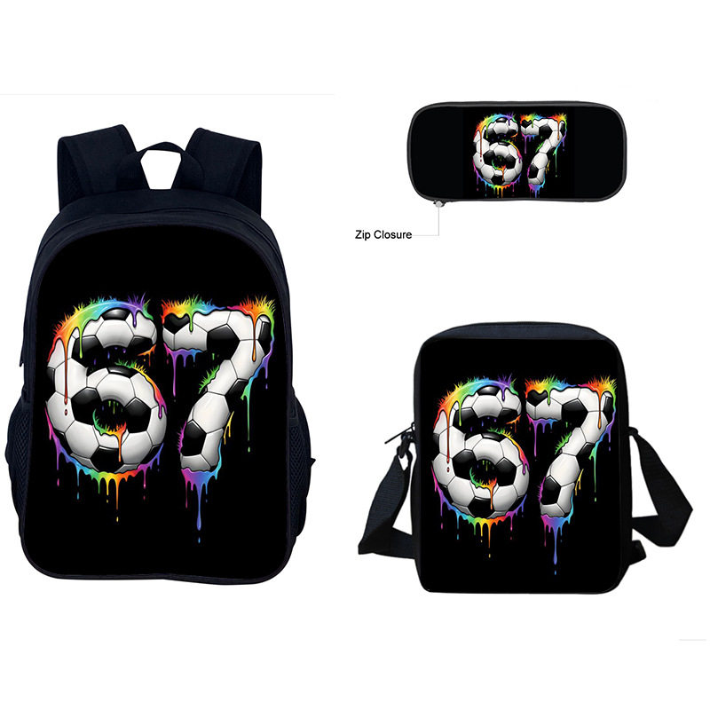 跨境新品67梗印花周边书包中小学生six seven书包三件套