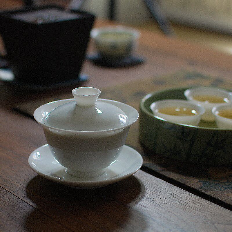 喜悦茶铺 潮州单丛手工薄胎三才盖碗白玉工夫茶碗陶瓷茶具盖瓯