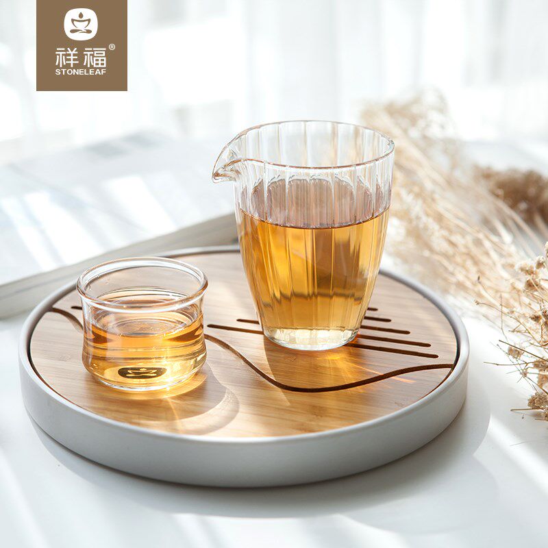 祥福家用办公耐热玻璃茶具茶器透明茶盅分茶器加厚得闲棱纹公道杯