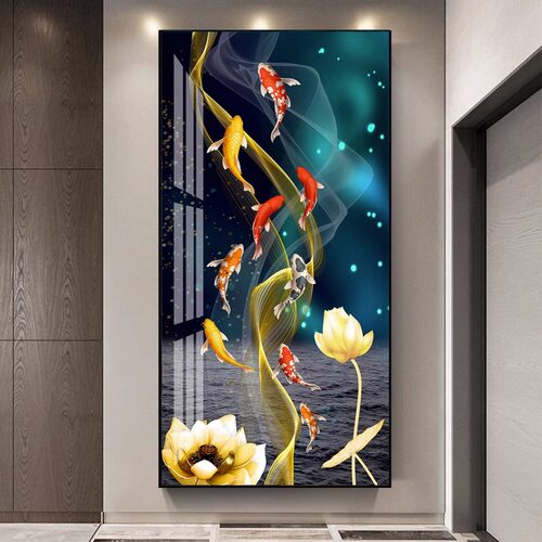进门生财玄关画入户正对门挂画走廊尽头墙壁画寓意好九鱼图装饰画